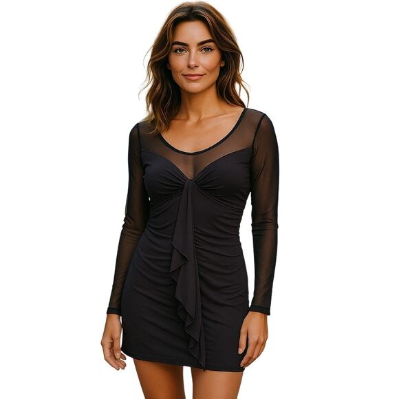 Vivienne Vivienne Tam Black Sheer Sleeve Ruffled Detail Raw Hem Mini Dress - M - Picture 1 of 9